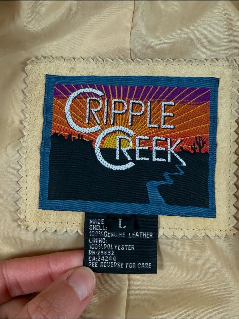Cripple Creek Tan Suede Leather Fringe Western Jacket Womens L Beaded Medallions - Picture 5 of 15